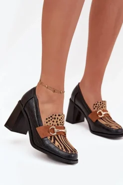 Półbuty Damskie Na Słupku Z Tłoczeniem I Złotym Detalem Czarno-Beżowe Novella