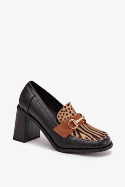 Półbuty Damskie Na Słupku Z Tłoczeniem I Złotym Detalem Czarno-Beżowe Novella