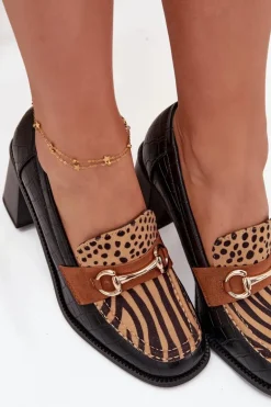 Półbuty Damskie Na Słupku Z Tłoczeniem I Złotym Detalem Czarno-Beżowe Novella