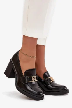 Półbuty Damskie Na Słupku Ze Złotym Detalem Czarne Privelle