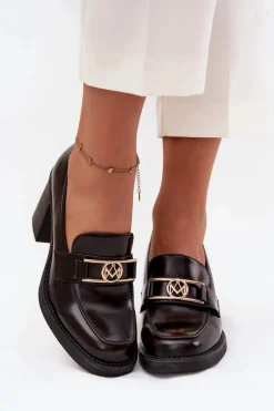 Półbuty Damskie Na Słupku Ze Złotym Detalem Czekoladowe Privelle