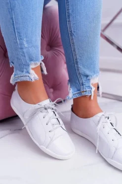 Półbuty Damskie Tenisówki Maciejka Skórzane Białe 4049A