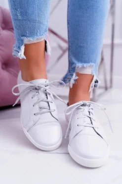 Półbuty Damskie Tenisówki Maciejka Skórzane Białe 4049A