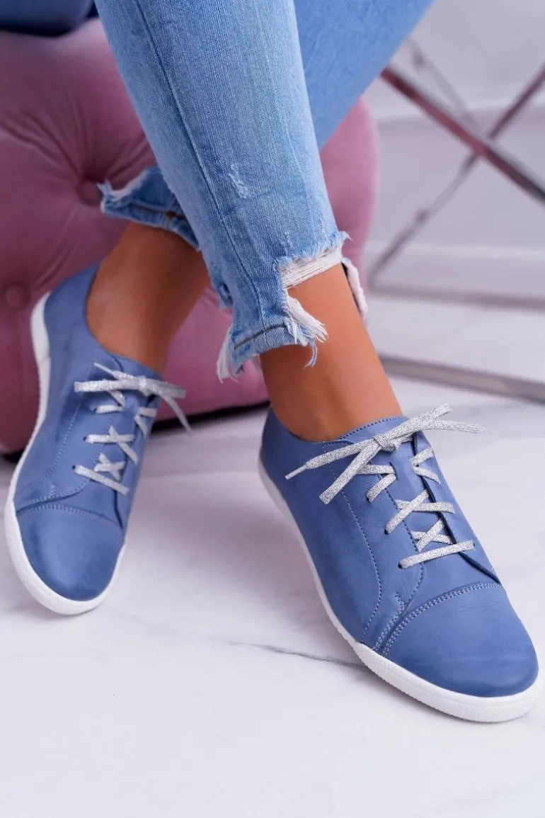 Półbuty Damskie Tenisówki Maciejka Skórzane Jasno Niebieskie 4049A