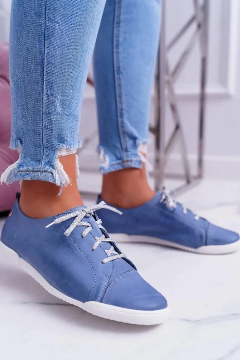 Półbuty Damskie Tenisówki Maciejka Skórzane Jasno Niebieskie 4049A