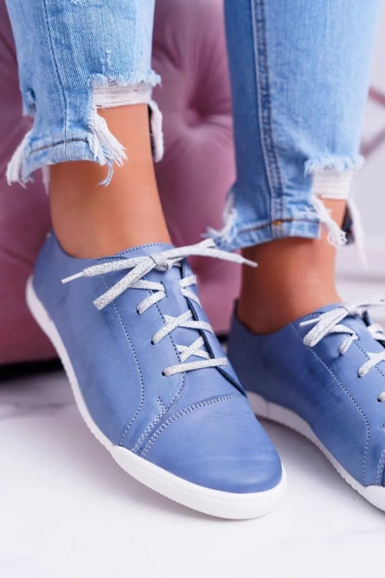Półbuty Damskie Tenisówki Maciejka Skórzane Jasno Niebieskie 4049A