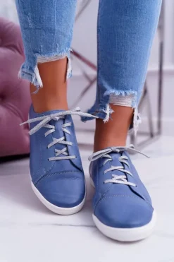 Półbuty Damskie Tenisówki Maciejka Skórzane Jasno Niebieskie 4049A