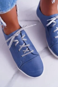 Półbuty Damskie Tenisówki Maciejka Skórzane Jasno Niebieskie 4049A