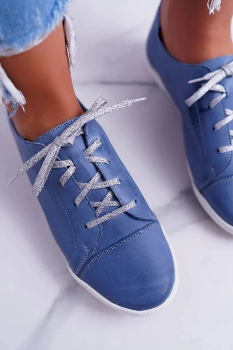 Półbuty Damskie Tenisówki Maciejka Skórzane Jasno Niebieskie 4049A