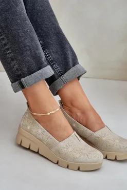 Półbuty Damskie Z Ażurowym Wzorem Na Koturnie Złote Lisvia