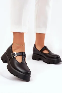 Półbuty Damskie Z Klamrą Na Platformie I Płaskim Obcasie Czarne Venda