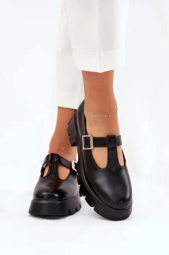 Półbuty Damskie Z Klamrą Na Platformie I Płaskim Obcasie Czarne Venda
