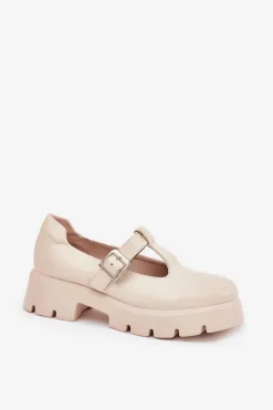 Półbuty Damskie Z Klamrą Na Platformie I Płaskim Obcasie Beżowe Venda