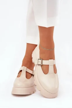 Półbuty Damskie Z Klamrą Na Platformie I Płaskim Obcasie Beżowe Venda