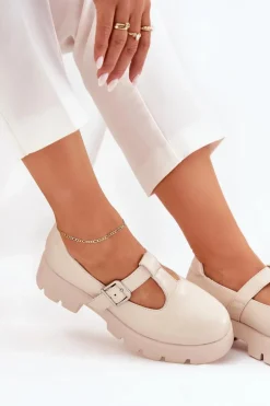 Półbuty Damskie Z Klamrą Na Platformie I Płaskim Obcasie Beżowe Venda