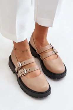 Półbuty Damskie Z Paskami Eko Skórzane Beżowe Terione