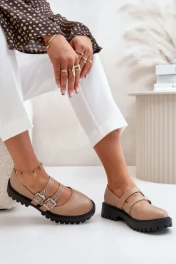 Półbuty Damskie Z Paskami Eko Skórzane Beżowe Terione