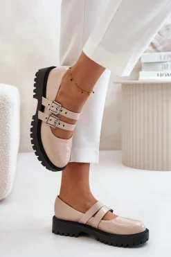 Półbuty Damskie Z Paskami Lakierowane Beżowe Terione