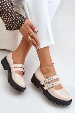 Półbuty Damskie Z Paskami Lakierowane Beżowe Terione