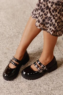 Półbuty Damskie Z Paskami Lakierowane Czarne Terione