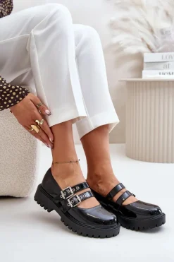 Półbuty Damskie Z Paskami Lakierowane Czarne Terione