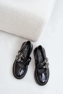 Półbuty Damskie Z Paskami Lakierowane Czarne Terione