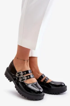 Półbuty Damskie Z Paskami Lakierowane Czarne Terione