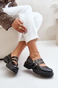 Półbuty Damskie Z Paskami Lakierowane Czarne Terione