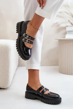 Półbuty Damskie Z Paskami Lakierowane Czarne Terione