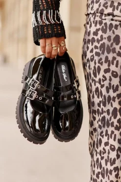 Półbuty Damskie Z Paskami Lakierowane Czarne Terione