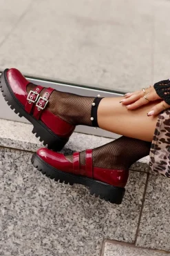 Półbuty Damskie Z Paskami Lakierowane Bordowe Terione