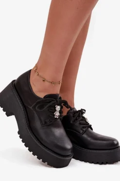 Półbuty Damskie Z Przypinką Eko Skórzane Czarne Laurea