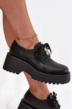 Półbuty Damskie Z Przypinką Eko Skórzane Czarne Laurea