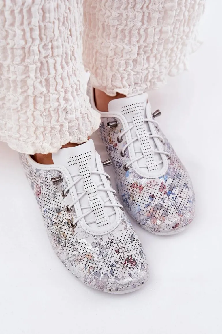 Półbuty Damskie Ze Skóry Naturalnej Wzorzyste Artiker 56C2688 Białe