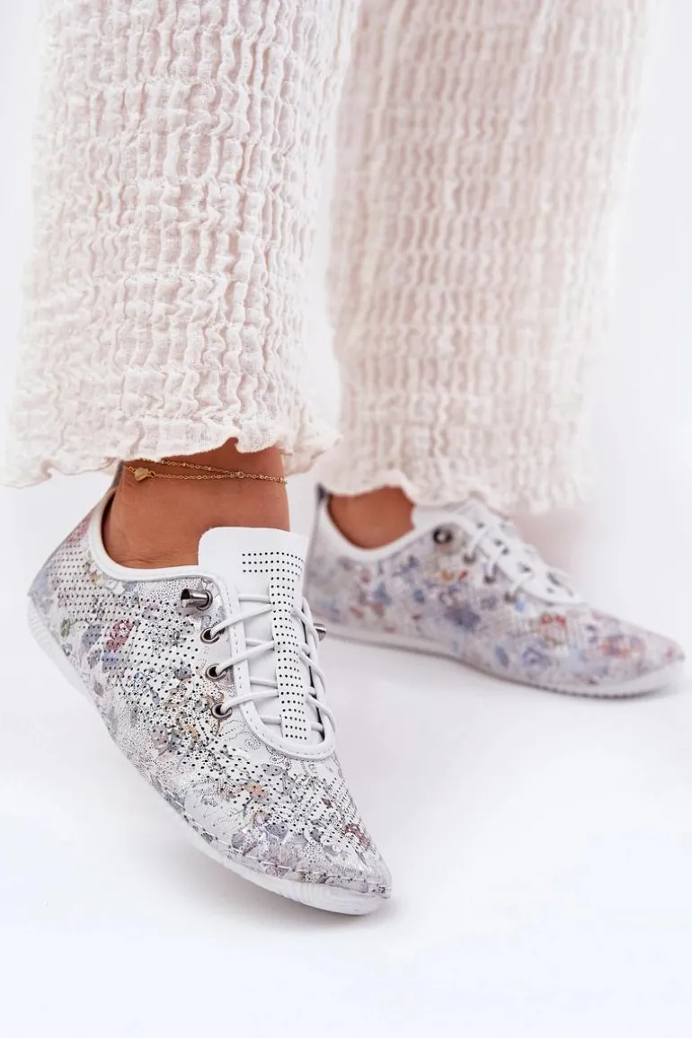 Półbuty Damskie Ze Skóry Naturalnej Wzorzyste Artiker 56C2688 Białe