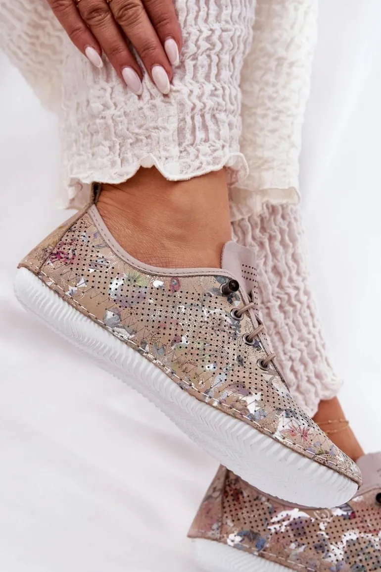 Półbuty Damskie Ze Skóry Naturalnej Wzorzyste Artiker 56C2689 Beżowe