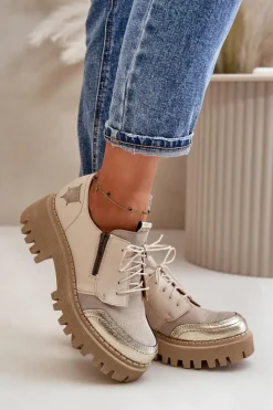 Półbuty Damskie Ze Skóry Naturalnej Beżowe Maciejka 06177-04