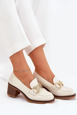 Półbuty Damskie Ze Złotym Detalem Na Obcasie Beżowe Draciela