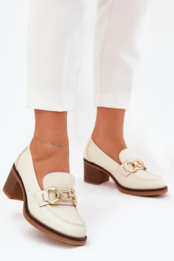 Półbuty Damskie Ze Złotym Detalem Na Obcasie Beżowe Draciela