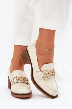 Półbuty Damskie Ze Złotym Detalem Na Obcasie Beżowe Draciela