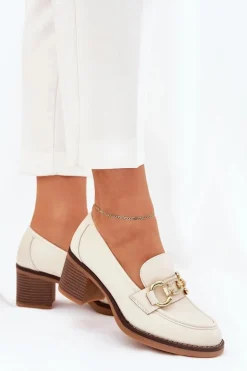 Półbuty Damskie Ze Złotym Detalem Na Obcasie Beżowe Draciela