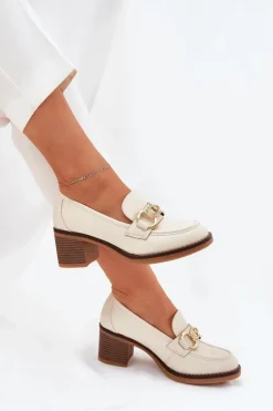 Półbuty Damskie Ze Złotym Detalem Na Obcasie Beżowe Draciela