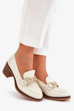 Półbuty Damskie Ze Złotym Detalem Na Obcasie Beżowe Draciela