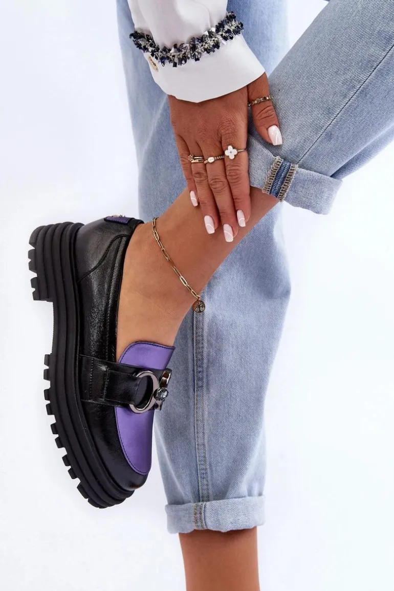 Półbuty Loafersy Damskie Skórzane Na Płaskim Obcasie Czarno-Fioletowe Elkiza