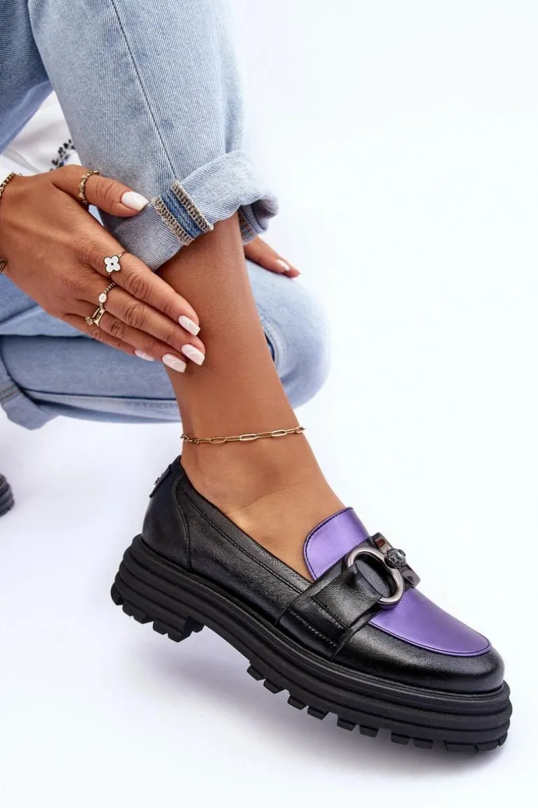 Półbuty Loafersy Damskie Skórzane Na Płaskim Obcasie Czarno-Fioletowe Elkiza