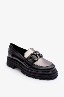 Półbuty Loafersy Damskie Skórzane Na Płaskim Obcasie Czarne Elkiza