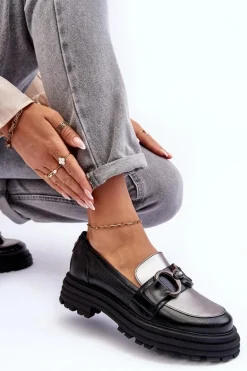 Półbuty Loafersy Damskie Skórzane Na Płaskim Obcasie Czarne Elkiza