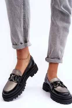 Półbuty Loafersy Damskie Skórzane Na Płaskim Obcasie Czarne Elkiza