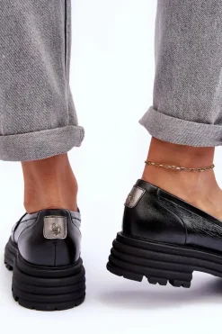 Półbuty Loafersy Damskie Skórzane Na Płaskim Obcasie Czarne Elkiza