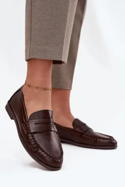 Półbuty Loafersy Damskie Z Eko Skóry Brązowe Lilith